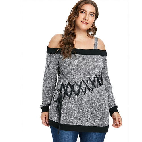 Women's Autumn Sweater plus Size Large Size Long Sleeve off-Shoulder Top String Female Blouses Solid Thin Casual Sweater-demo-searchshop
