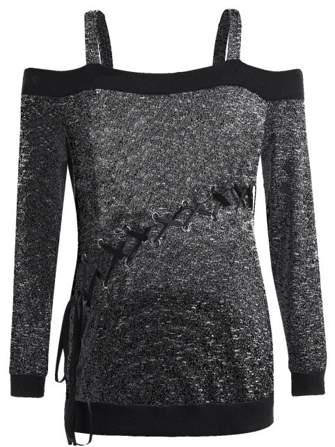 Women's Autumn Sweater plus Size Large Size Long Sleeve off-Shoulder Top String Female Blouses Solid Thin Casual Sweater-demo-searchshop